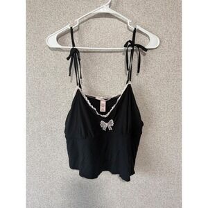 Victoria's Secret Black Pink Lace Bow Camisole Top Tie Strap Coquette Large